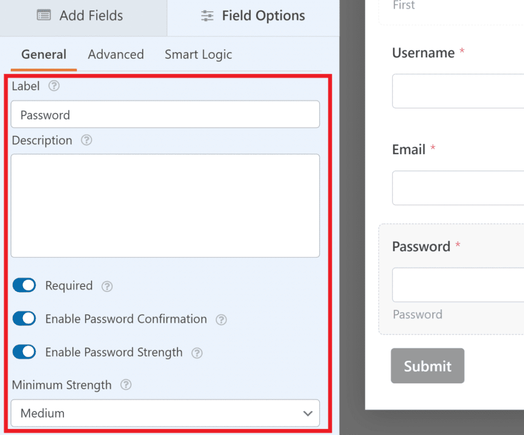 wp forms password area