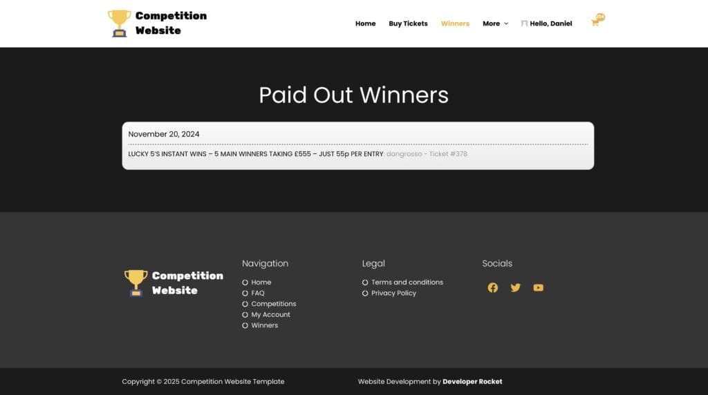 competition website Paid Out Winners page